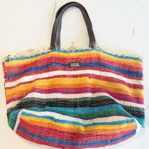 Banana Moon Woven Raffia Colorful Striped Tote Bag‎ Leather Handles Beach Pool